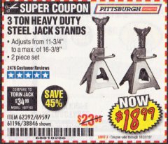 Harbor Freight Coupon 3 TON HEAVY DUTY STEEL JACK STANDS Lot No. 61196/62392/38846/69597 Expired: 10/31/19 - $18.99
