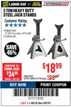 Harbor Freight Coupon 3 TON HEAVY DUTY STEEL JACK STANDS Lot No. 61196/62392/38846/69597 Expired: 9/8/19 - $18.99