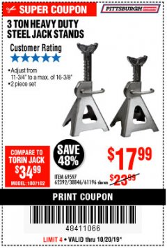 Harbor Freight Coupon 3 TON HEAVY DUTY STEEL JACK STANDS Lot No. 61196/62392/38846/69597 Expired: 10/20/19 - $17.99