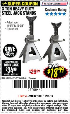Harbor Freight Coupon 3 TON HEAVY DUTY STEEL JACK STANDS Lot No. 61196/62392/38846/69597 Expired: 11/30/19 - $18.99