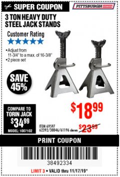 Harbor Freight Coupon 3 TON HEAVY DUTY STEEL JACK STANDS Lot No. 61196/62392/38846/69597 Expired: 11/17/19 - $18.99