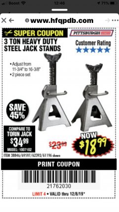 Harbor Freight Coupon 3 TON HEAVY DUTY STEEL JACK STANDS Lot No. 61196/62392/38846/69597 Expired: 12/8/19 - $18.99