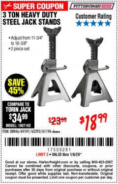 Harbor Freight Coupon 3 TON HEAVY DUTY STEEL JACK STANDS Lot No. 61196/62392/38846/69597 Expired: 1/6/20 - $18.99