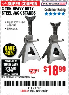 Harbor Freight Coupon 3 TON HEAVY DUTY STEEL JACK STANDS Lot No. 61196/62392/38846/69597 Expired: 1/19/20 - $18.99
