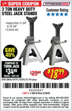 Harbor Freight Coupon 3 TON HEAVY DUTY STEEL JACK STANDS Lot No. 61196/62392/38846/69597 Expired: 2/29/20 - $18.99