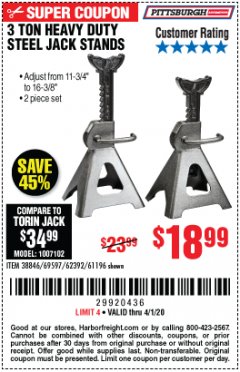 Harbor Freight Coupon 3 TON HEAVY DUTY STEEL JACK STANDS Lot No. 61196/62392/38846/69597 Expired: 4/1/20 - $18.99