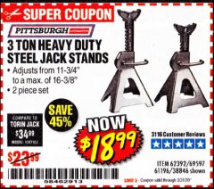 Harbor Freight Coupon 3 TON HEAVY DUTY STEEL JACK STANDS Lot No. 61196/62392/38846/69597 Expired: 3/31/20 - $18.99