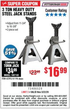 Harbor Freight Coupon 3 TON HEAVY DUTY STEEL JACK STANDS Lot No. 61196/62392/38846/69597 Expired: 3/22/20 - $16.99