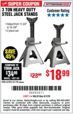 Harbor Freight Coupon 3 TON HEAVY DUTY STEEL JACK STANDS Lot No. 61196/62392/38846/69597 Expired: 6/30/20 - $18.99