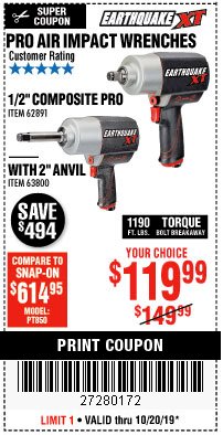 Harbor Freight Coupon EARTHQUAKE XT 1/2" COMPOSITE XTREME TORQUE AIR IMPACT WRENCH Lot No. 62891 Expired: 10/20/19 - $119.99