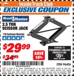 Harbor Freight ITC Coupon HAUL-MASTER 2.5 TON TRAILER/RV SCISSOR STABILIZER Lot No. 96406 Expired: 12/31/18 - $29.99