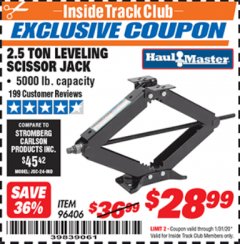 Harbor Freight ITC Coupon HAUL-MASTER 2.5 TON TRAILER/RV SCISSOR STABILIZER Lot No. 96406 Expired: 1/31/20 - $28.99