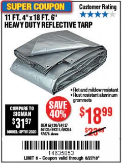 Harbor Freight Coupon HFT 11 FT. 4 IN. X 19 FT. 6 IN. HEAVY DUTY REFLECTIVE ALL-PURPOSE WEATHER-RESISTANT 9 MIL TARP Lot No. 47676 Expired: 8/27/18 - $18.99
