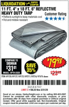 Harbor Freight Coupon HFT 11 FT. 4 IN. X 19 FT. 6 IN. HEAVY DUTY REFLECTIVE ALL-PURPOSE WEATHER-RESISTANT 9 MIL TARP Lot No. 47676 Expired: 3/31/20 - $19.98