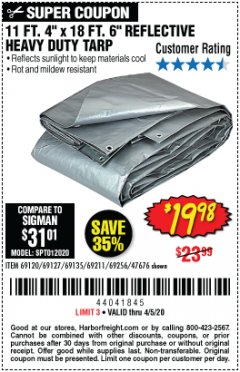 Harbor Freight Coupon HFT 11 FT. 4 IN. X 19 FT. 6 IN. HEAVY DUTY REFLECTIVE ALL-PURPOSE WEATHER-RESISTANT 9 MIL TARP Lot No. 47676 Expired: 6/30/20 - $19.98