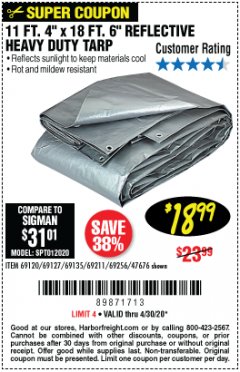 Harbor Freight Coupon HFT 11 FT. 4 IN. X 19 FT. 6 IN. HEAVY DUTY REFLECTIVE ALL-PURPOSE WEATHER-RESISTANT 9 MIL TARP Lot No. 47676 Expired: 6/30/20 - $18.99
