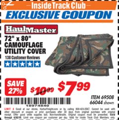 Harbor Freight ITC Coupon 72" x 80" CAMOUFLAGE UTILITY BLANKET Lot No. 69508, 66044 Expired: 4/30/19 - $7.99