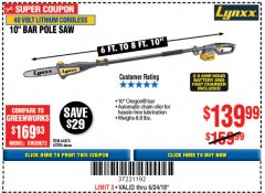 Harbor Freight Coupon LYNXX 40V LITHIUM CORDLESS POLE SAW Lot No. 64476/63286/64718 Expired: 6/24/18 - $139.99