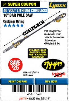 Harbor Freight Coupon LYNXX 40V LITHIUM CORDLESS POLE SAW Lot No. 64476/63286/64718 Expired: 8/31/18 - $144.99