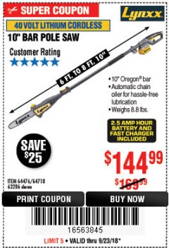 Harbor Freight Coupon LYNXX 40V LITHIUM CORDLESS POLE SAW Lot No. 64476/63286/64718 Expired: 9/23/18 - $144.99