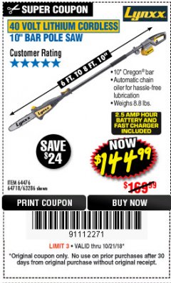 Harbor Freight Coupon LYNXX 40V LITHIUM CORDLESS POLE SAW Lot No. 64476/63286/64718 Expired: 10/21/18 - $144.99