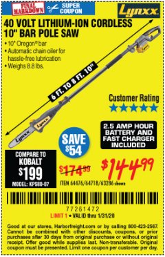 Harbor Freight Coupon LYNXX 40V LITHIUM CORDLESS POLE SAW Lot No. 64476/63286/64718 Expired: 1/31/20 - $144.99