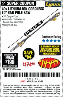 Harbor Freight Coupon LYNXX 40V LITHIUM CORDLESS POLE SAW Lot No. 64476/63286/64718 Expired: 6/30/20 - $144.99