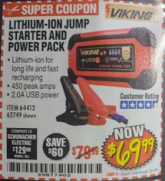 Harbor Freight Coupon LITHIUM ION JUMP STARTER AND POWER PACK Lot No. 62749/64412/56797/56798 Expired: 7/31/18 - $69.99