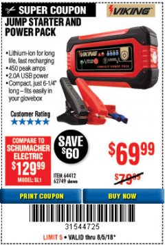 Harbor Freight Coupon LITHIUM ION JUMP STARTER AND POWER PACK Lot No. 62749/64412/56797/56798 Expired: 8/5/18 - $69.99