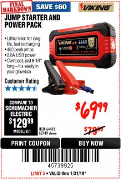 Harbor Freight Coupon LITHIUM ION JUMP STARTER AND POWER PACK Lot No. 62749/64412/56797/56798 Expired: 1/31/19 - $69.99