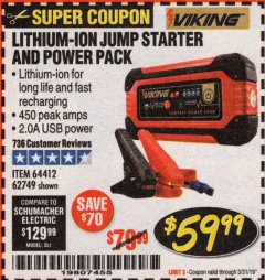 Harbor Freight Coupon LITHIUM ION JUMP STARTER AND POWER PACK Lot No. 62749/64412/56797/56798 Expired: 3/31/19 - $59.99