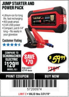 Harbor Freight Coupon LITHIUM ION JUMP STARTER AND POWER PACK Lot No. 62749/64412/56797/56798 Expired: 3/31/19 - $59.99
