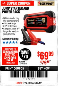 Harbor Freight Coupon LITHIUM ION JUMP STARTER AND POWER PACK Lot No. 62749/64412/56797/56798 Expired: 6/23/19 - $69.99