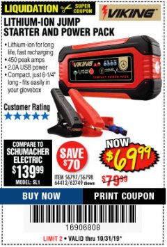 Harbor Freight Coupon LITHIUM ION JUMP STARTER AND POWER PACK Lot No. 62749/64412/56797/56798 Expired: 10/31/19 - $69.99