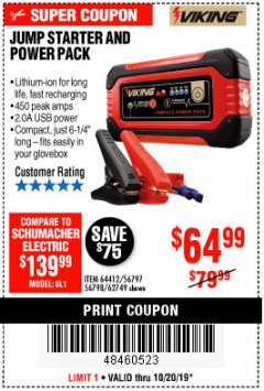 Harbor Freight Coupon LITHIUM ION JUMP STARTER AND POWER PACK Lot No. 62749/64412/56797/56798 Expired: 10/20/19 - $64.99