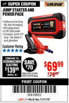Harbor Freight Coupon LITHIUM ION JUMP STARTER AND POWER PACK Lot No. 62749/64412/56797/56798 Expired: 11/17/19 - $69.99