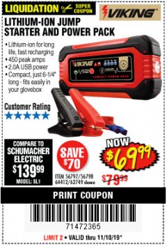 Harbor Freight Coupon LITHIUM ION JUMP STARTER AND POWER PACK Lot No. 62749/64412/56797/56798 Expired: 11/10/19 - $69.99