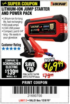 Harbor Freight Coupon LITHIUM ION JUMP STARTER AND POWER PACK Lot No. 62749/64412/56797/56798 Expired: 12/8/19 - $69.99