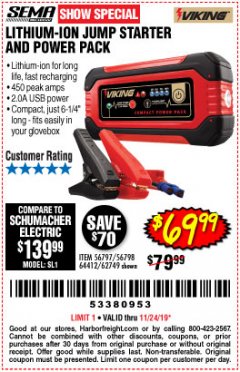 Harbor Freight Coupon LITHIUM ION JUMP STARTER AND POWER PACK Lot No. 62749/64412/56797/56798 Expired: 11/24/19 - $69.99