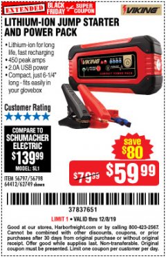 Harbor Freight Coupon LITHIUM ION JUMP STARTER AND POWER PACK Lot No. 62749/64412/56797/56798 Expired: 12/8/19 - $59.99