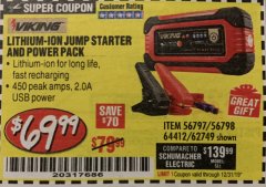 Harbor Freight Coupon LITHIUM ION JUMP STARTER AND POWER PACK Lot No. 62749/64412/56797/56798 Expired: 12/31/19 - $69.99