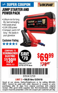 Harbor Freight Coupon LITHIUM ION JUMP STARTER AND POWER PACK Lot No. 62749/64412/56797/56798 Expired: 12/24/19 - $69.99
