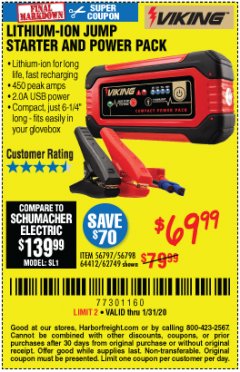 Harbor Freight Coupon LITHIUM ION JUMP STARTER AND POWER PACK Lot No. 62749/64412/56797/56798 Expired: 1/31/20 - $69.99