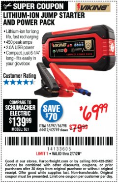 Harbor Freight Coupon LITHIUM ION JUMP STARTER AND POWER PACK Lot No. 62749/64412/56797/56798 Expired: 2/7/20 - $69.99