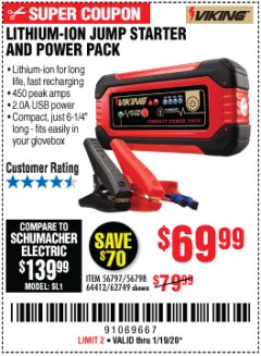 Harbor Freight Coupon LITHIUM ION JUMP STARTER AND POWER PACK Lot No. 62749/64412/56797/56798 Expired: 1/19/20 - $69.99