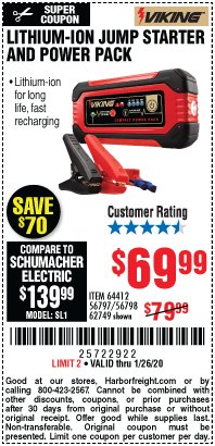 Harbor Freight Coupon LITHIUM ION JUMP STARTER AND POWER PACK Lot No. 62749/64412/56797/56798 Expired: 1/26/20 - $69.99