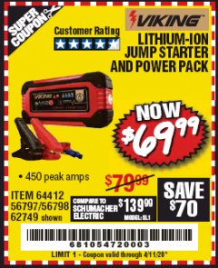 Harbor Freight Coupon LITHIUM ION JUMP STARTER AND POWER PACK Lot No. 62749/64412/56797/56798 Expired: 6/30/20 - $69.99