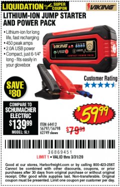 Harbor Freight Coupon LITHIUM ION JUMP STARTER AND POWER PACK Lot No. 62749/64412/56797/56798 Expired: 3/31/20 - $59.99