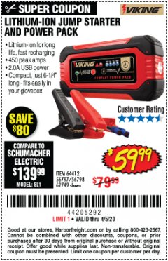 Harbor Freight Coupon LITHIUM ION JUMP STARTER AND POWER PACK Lot No. 62749/64412/56797/56798 Expired: 6/30/20 - $59.99