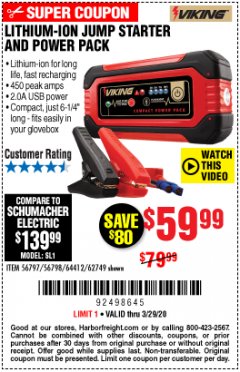 Harbor Freight Coupon LITHIUM ION JUMP STARTER AND POWER PACK Lot No. 62749/64412/56797/56798 Expired: 3/29/20 - $59.99
